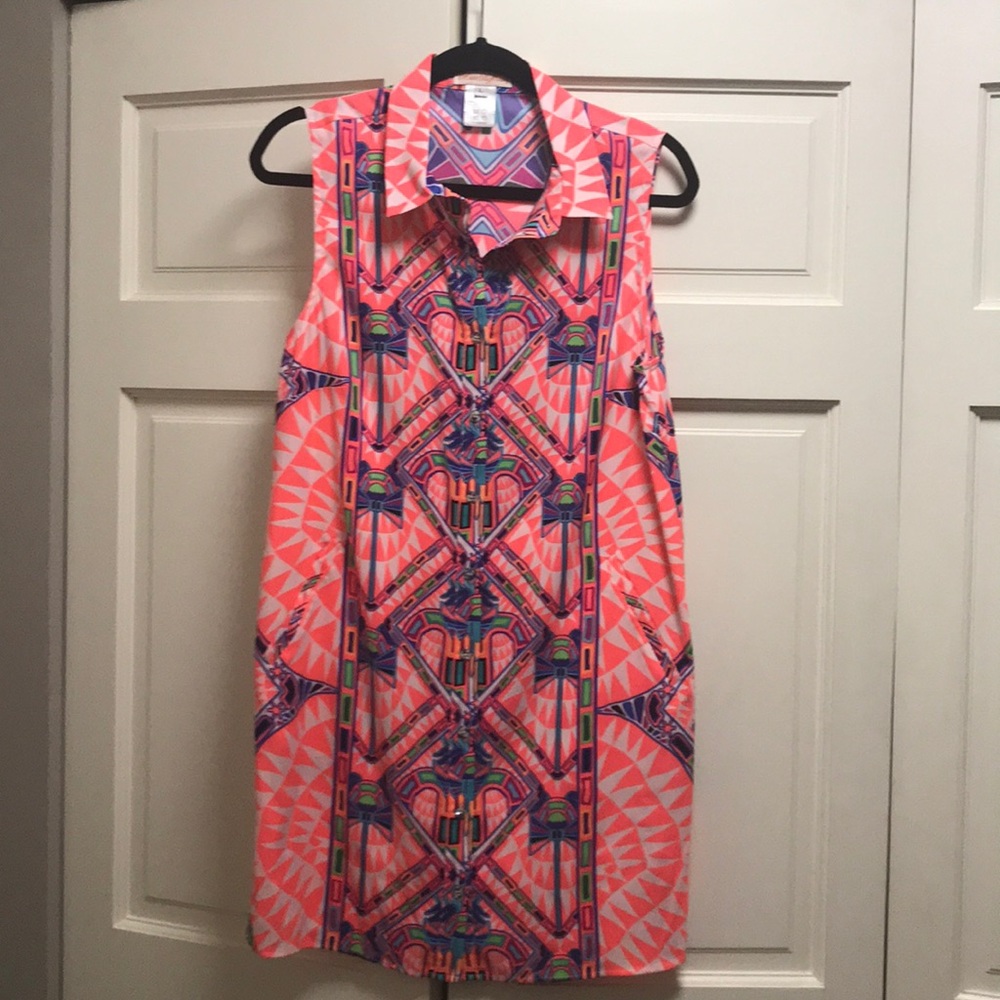 Collared button down funky print dress